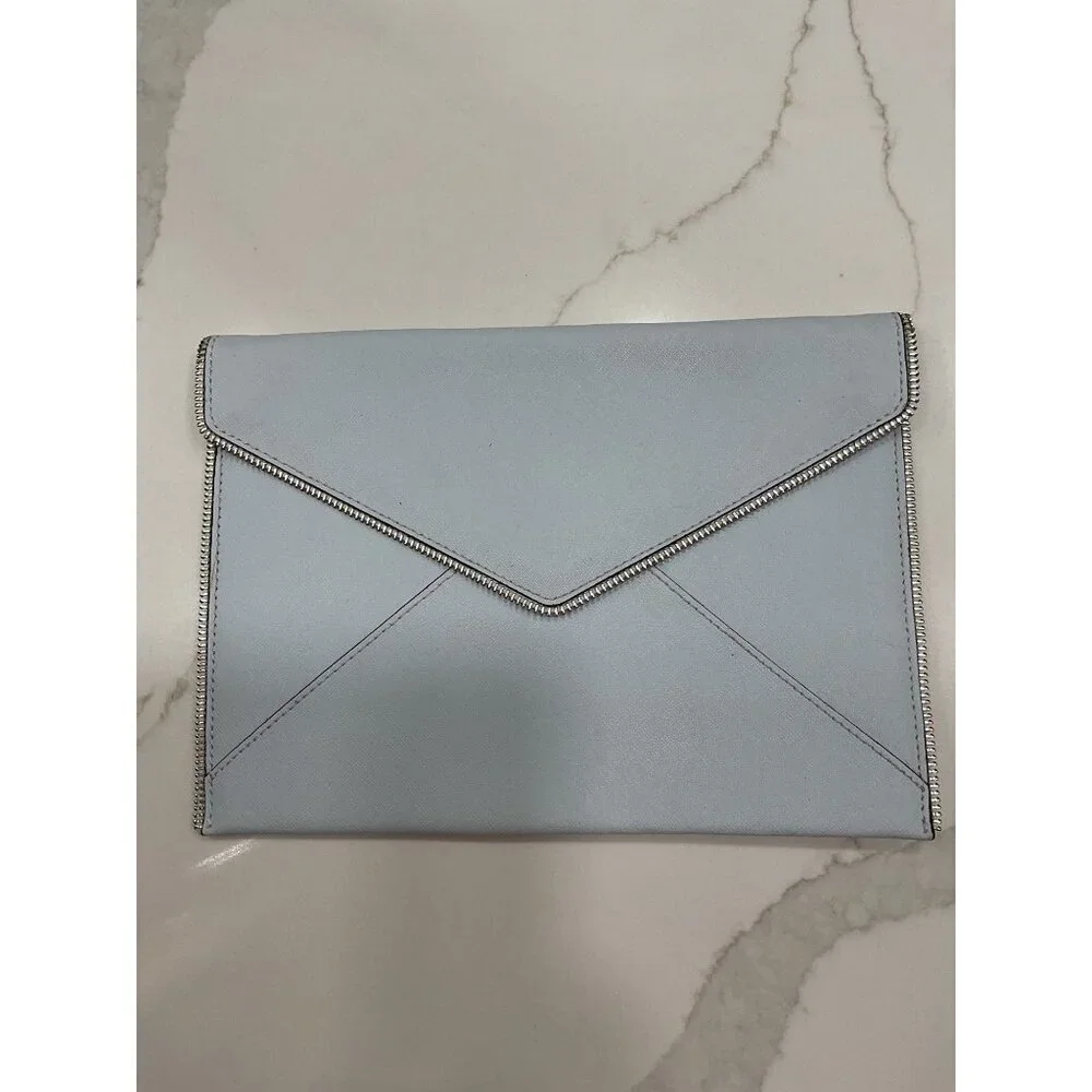 Rebecca Minkoff Leo Envelope Zipper Edge Powder Blue Leather Clutch Purse